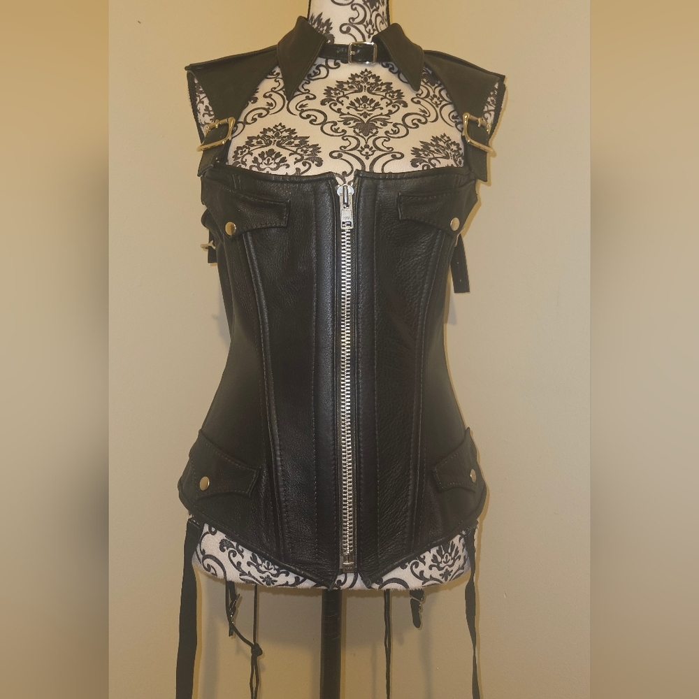 Black Leather Zip-Front Corset Vest